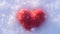 Camera approaches and focuses to the red woolen heart lying on the snow