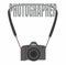 The camera caught on a belt and hangs on the inscription photographer. Vector drawing for photographers and photo studios. Black