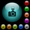 Camera with flash icons in color illuminated glass buttons