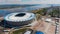 Camera flying over stadium and river in Volgograd