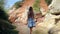 Camera Follows Girl Walking on Fairy Stream Water