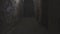 The camera glides over the floor in the hallway of an old dark, abandoned basement