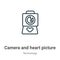 Camera and heart picture outline vector icon. Thin line black camera and heart picture icon, flat vector simple element