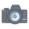 Camera icon for taking photoes and video in modern flat style with outline. Attribute of tourists, artists. Capture moments. Vecto
