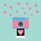 Camera Instant photo Flat design style. Pink hearts. Love card. Blue background