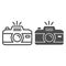 Camera line and solid icon. Professional photocamera with flash. Festive Event and Show vector design concept, outline