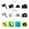 Camera, magnifier, hat, notebook with pen.Detective set collection icons in black, flat, monochrome style vector symbol