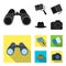 Camera, magnifier, hat, notebook with pen.Detective set collection icons in black,flat style vector symbol stock