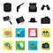 Camera, magnifier, hat, notebook with pen.Detective set collection icons in black,flet style vector symbol stock
