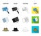 Camera, magnifier, hat, notebook with pen.Detective set collection icons in cartoon,black,outline,flat style vector