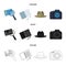 Camera, magnifier, hat, notebook with pen.Detective set collection icons in cartoon,black,outline style vector symbol