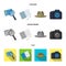 Camera, magnifier, hat, notebook with pen.Detective set collection icons in cartoon,flat,monochrome style vector symbol