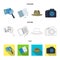 Camera, magnifier, hat, notebook with pen.Detective set collection icons in cartoon,outline,flat style vector symbol