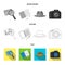 Camera, magnifier, hat, notebook with pen.Detective set collection icons in flat,outline,monochrome style vector symbol