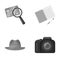 Camera, magnifier, hat, notebook with pen.Detective set collection icons in monocrome style vector symbol stock
