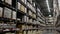 Camera moves up on shelves of cardboard boxes inside a storage warehouse