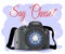 CAMERA with photo icon,  photography, digital photo camera with image symbol, photographer equipment