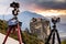 Camera on tripod and Meteora monasteries