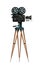 Camera on tripod vector illustration. Black old fashioned videocamera isolated clipart on white background