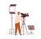 Cameraman adjusting camera before shooting video. TV-operator or videographer with professional studio equipment and