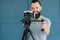 Cameraman lifestyle man shoot video equipment