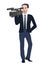 Cameraman profesional reporter man holding video camera wearing suite and tie