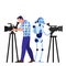 Cameraman and robot shooting movie. Video equipment