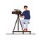 Cameraman sitting hold professional camera with microphone vector flat illustration. Operator in earphones shooting