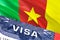 Cameroon Visa Document, with Cameroon flag in background. Cameroon flag with Close up text VISA on USA visa stamp in passport,3D