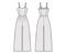 Cami jumpsuit overall technical fashion illustration with full length, normal waist, double pleats, strap, fitted body