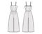 Cami jumpsuits culotte overall technical fashion illustration with ankle length, normal waist, rise, strap, fitted body