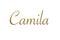 Camila - Female name . Gold 3D icon on white background. Decorative font. Template, signature logo.