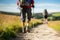 Camino de Santiago route. Pilgrims with backpack and stick walking Camino de Santiago road. Details of Spain