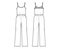 Camisole jumpsuit Dungaree overall technical fashion illustration with full length, normal elastic waist, oversized