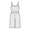 Camisole jumpsuit Dungaree overall technical fashion illustration with knee length, normal waist, oversized, pockets