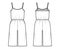 Camisole jumpsuit Dungaree overall technical fashion illustration with knee length, normal waist, oversized, pockets