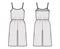 Camisole jumpsuit Dungaree overall technical fashion illustration with knee length, normal waist, oversized, pockets