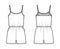 Camisole jumpsuit Dungaree overall technical fashion illustration with mini length, elastic waist, oversized, pockets