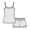 Camisole lace Pajama short Sleepwear technical fashion illustration with scoop neck cami, mini length, oversized. Flat