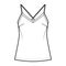 Camisole technical fashion illustration with flattering V-neck, crisscross spaghetti straps, relaxed fit. Flat tank