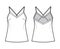 Camisole technical fashion illustration with flattering V-neck, crisscross spaghetti straps, relaxed fit. Flat tank