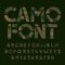 Camo alphabet font. Stencil camouflage letters and numbers on a dark background.