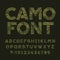 Camo alphabet font. Type letters and numbers on a dark green background.