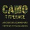 Camo alphabet typeface. Stencil type letters and numbers on a dark background.