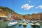 Camogli marina harbor, boats and typical colorful houses. Ligury