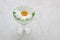 The camomile floating in a light green glass on a marble background