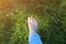 Camomile flowers are in the toes. Man feet standing in the grass. Nature harmony concept. Sunny summer photo. Travel barefoot flat