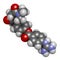 Camostat drug molecule. Serine protease inhibitor, investigated for treatment of Covid-19. 3D rendering. Atoms are represented as