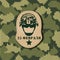 Camouflage military leather label army with helmet on the Knitted pattern. Russian national holiday on 23 February. The