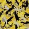 Camouflage seamless texture with yellow, gray and black lizards and leaves